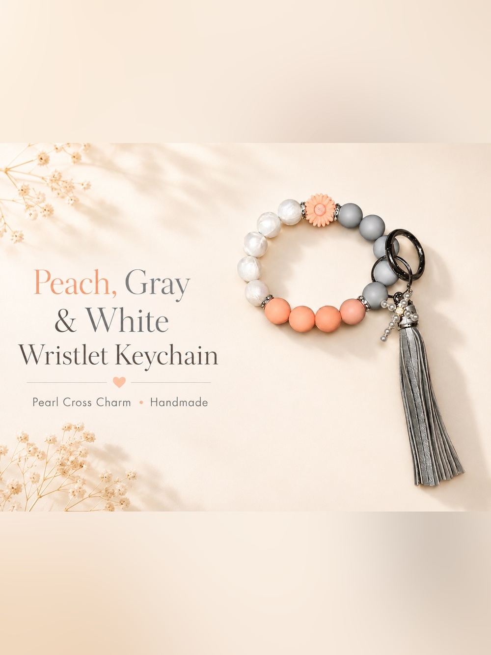 Daisy Peach Gray & White Beaded Wristlet Flower Keychain with Pearl Cross Charm